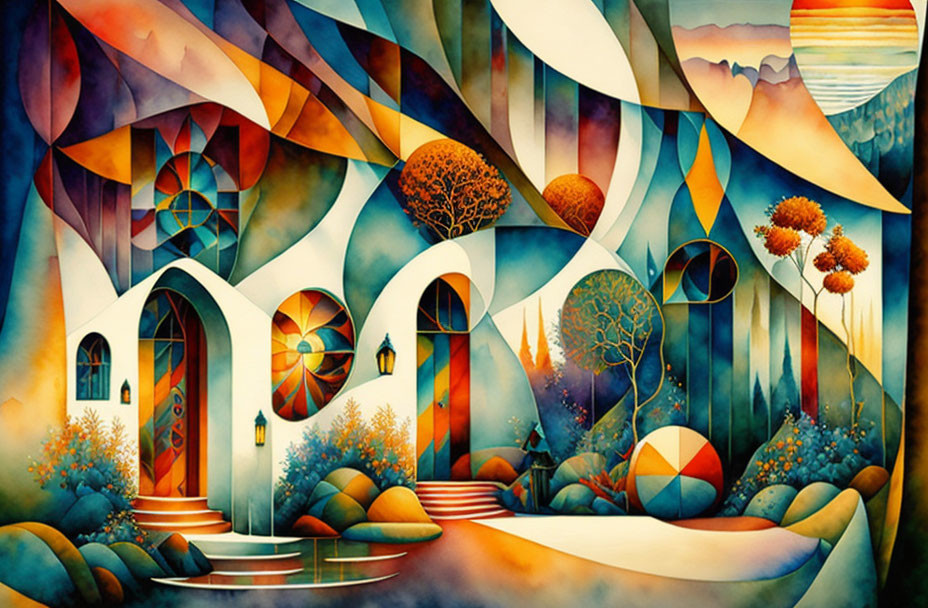 Colorful Fantasy Landscape with Stylized Trees and Whimsical Structures