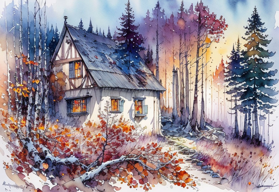 Autumn dream in the forest, colorful, ink 