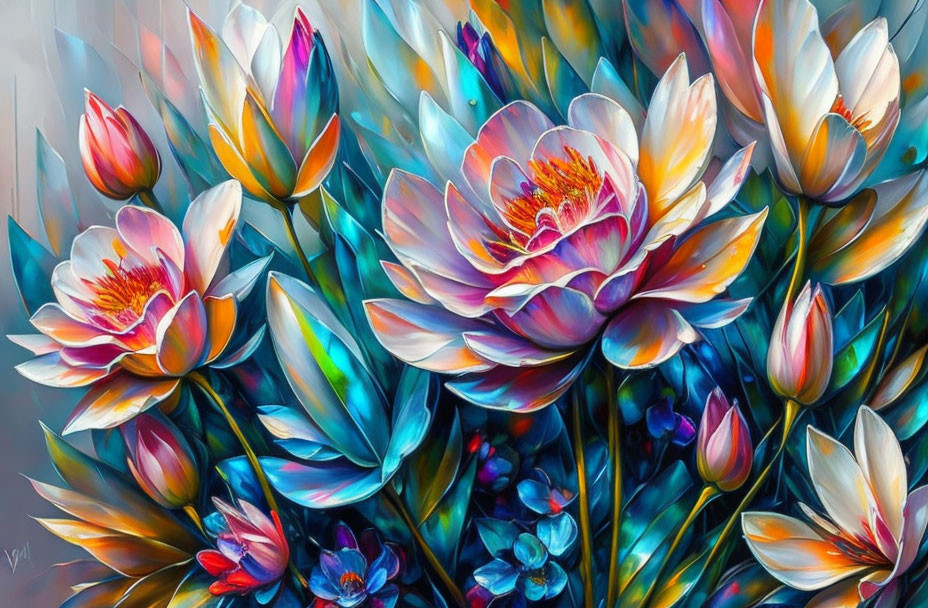 Colorful Digital Painting of Luminous Lotus Flowers on Soft Blended Background