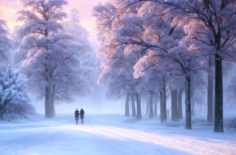 Snowy park scene: Two people walking in winter under purple sky