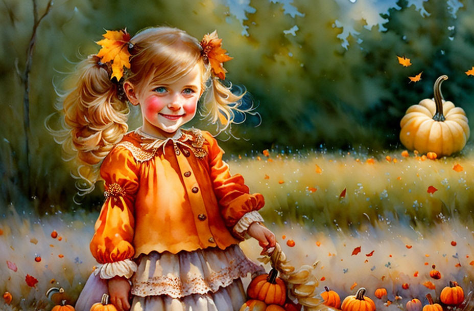 A little girl is happy about the pumpkin harvest
