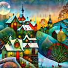 Colorful landscape with swirl-patterned rooftops and winding paths