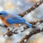 Colorful bird painting on branch with white leaves background