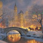Snow-covered trees, gentle stream, wooden bridge in warm golden light