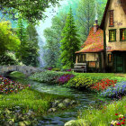 Rustic cottage near stream, wildflowers, mountains - serene fairy-tale scene