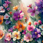 Colorful painting of lush landscape with blooming flowers and moons