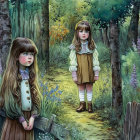 Two smiling children in whimsical attire in forest setting with soft light and flowers