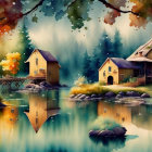 Colorful Watercolor Painting of Serene Village Scene