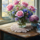 Pink and Purple Flowers in Glass Vase on Wooden Window Sill with Water and Mountain View