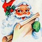 Santa Claus Illustration: Red Hat, White Beard, Glasses, Holding Green Ornament, Snowy