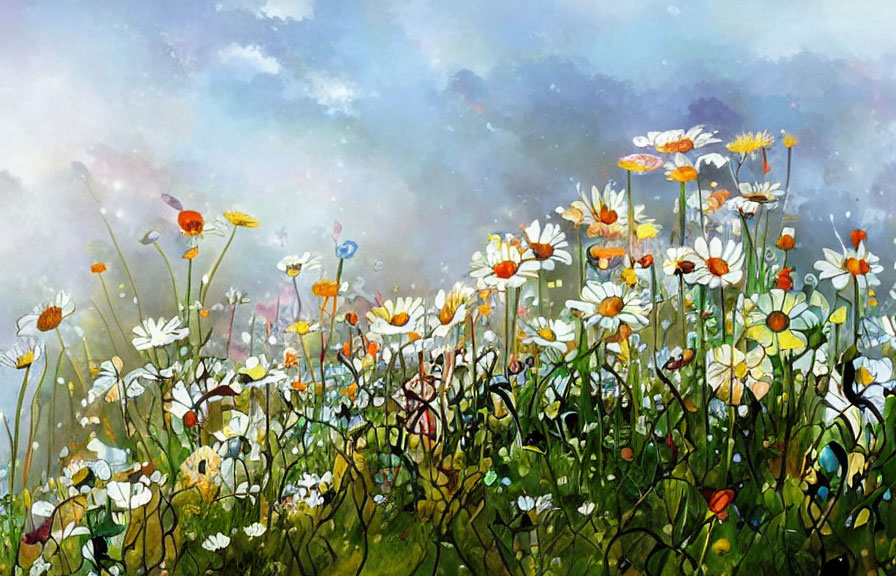 Colorful Wildflower Meadow Painting with Daisies and Clouded Sky