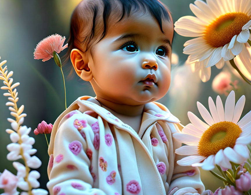 Toddler in Floral Outfit Surrounded by Nature and Daisies