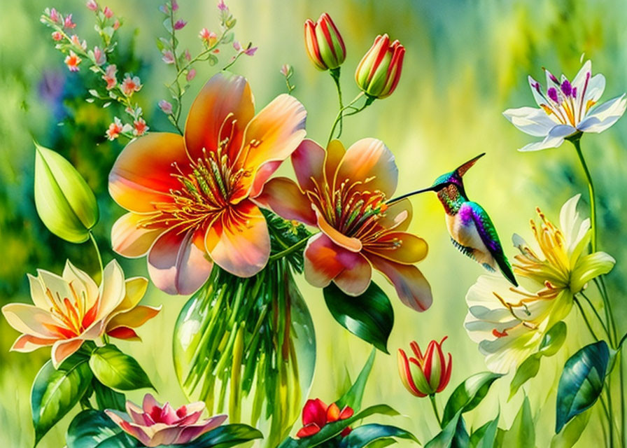 Watercolor hummingbird and lilies