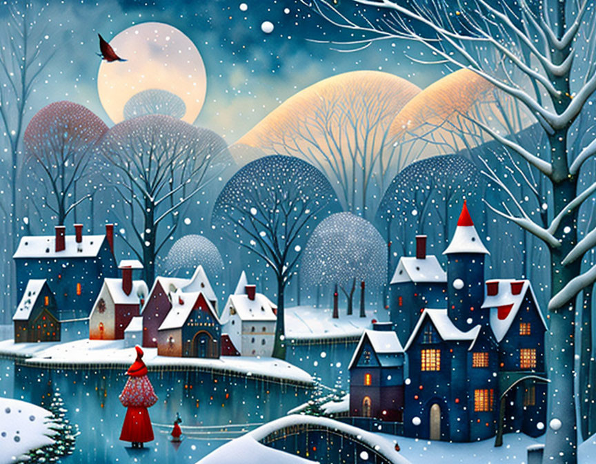 Snow-covered houses and bare trees in a whimsical winter scene with a figure in red under the moon