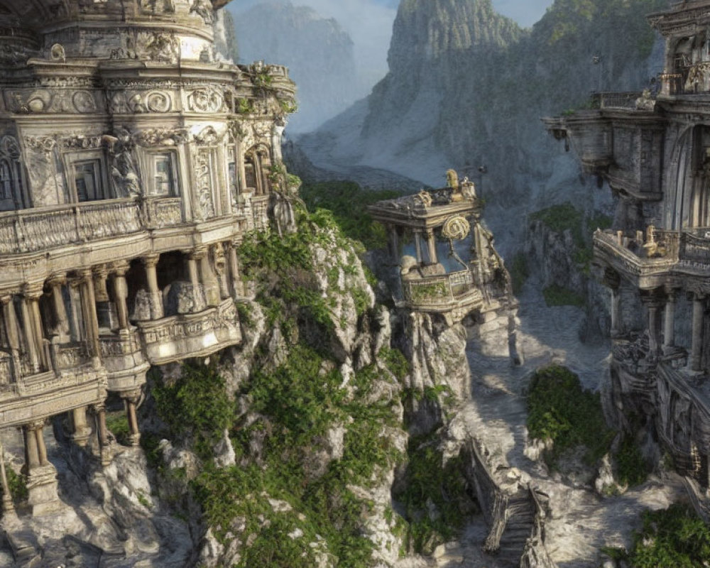 Majestic stone structures on cliffs amid lush greenery and mountains