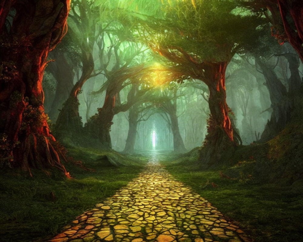 Enchanting forest pathway with glowing trees and mystical portal