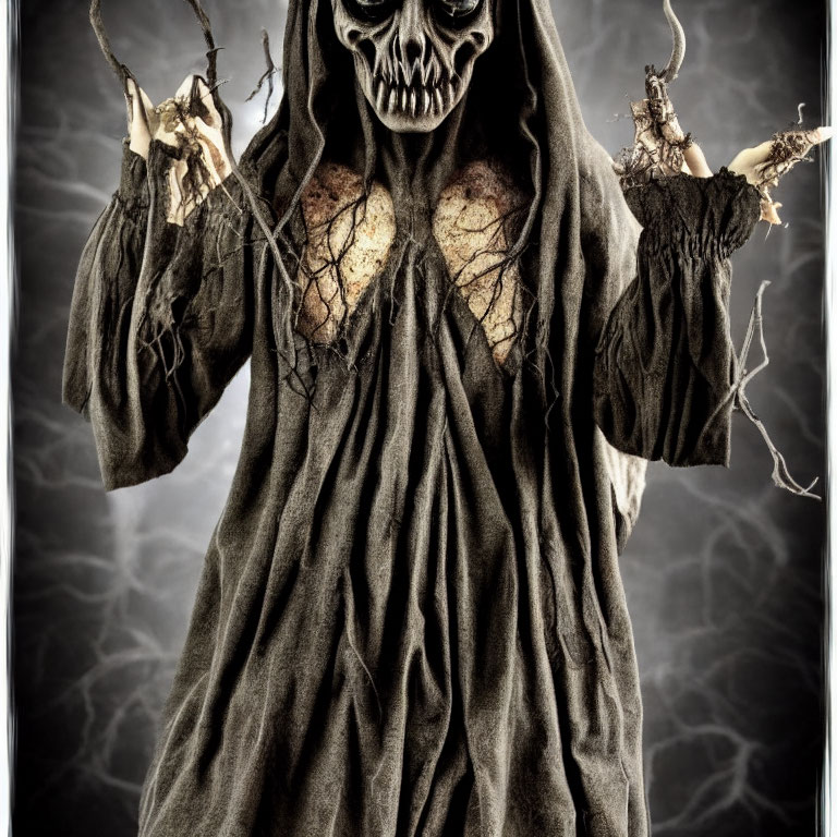 Sinister skull-faced figure in tattered robes with twig-like fingers on lightning veins backdrop