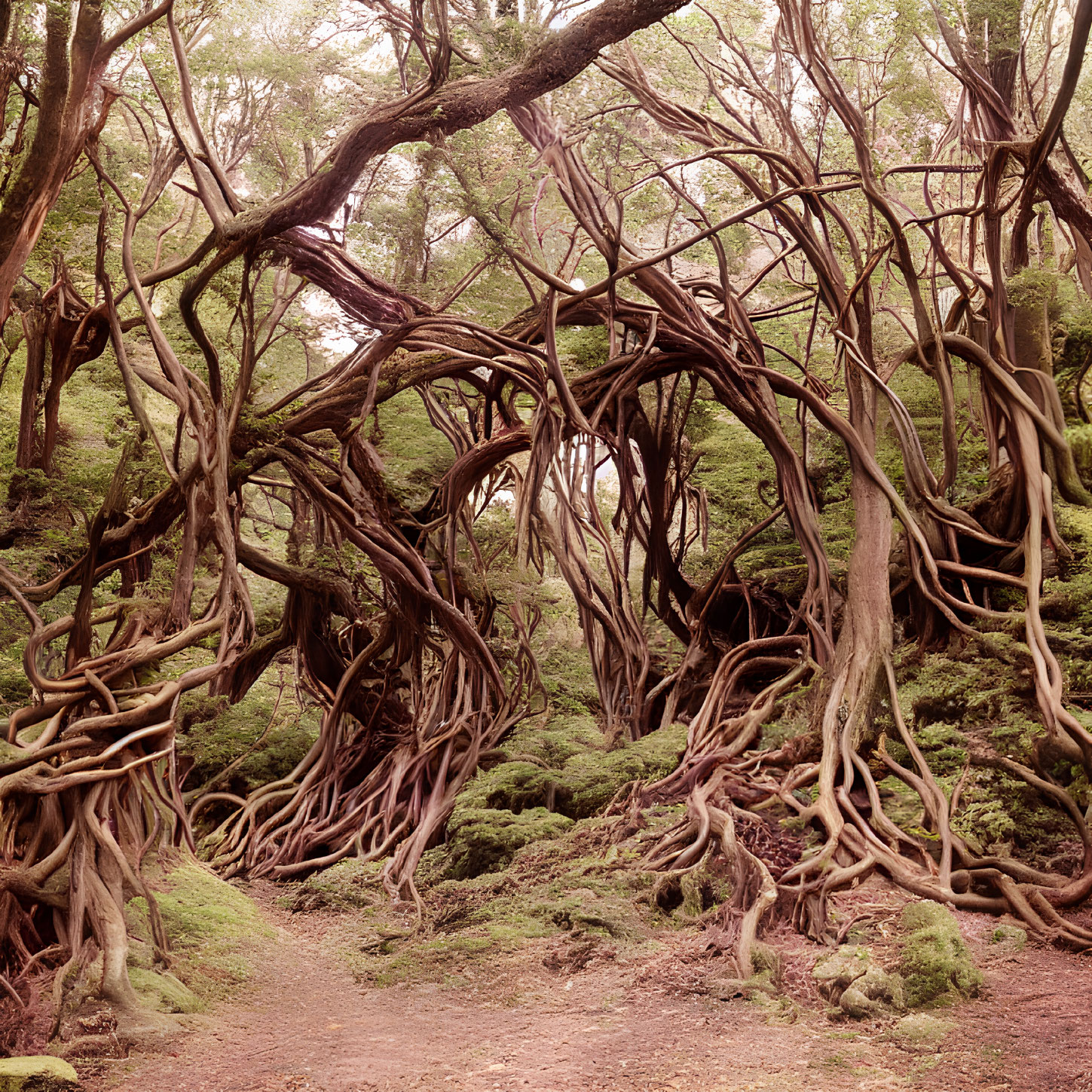 Twisted ancient trees in dense, mossy forest