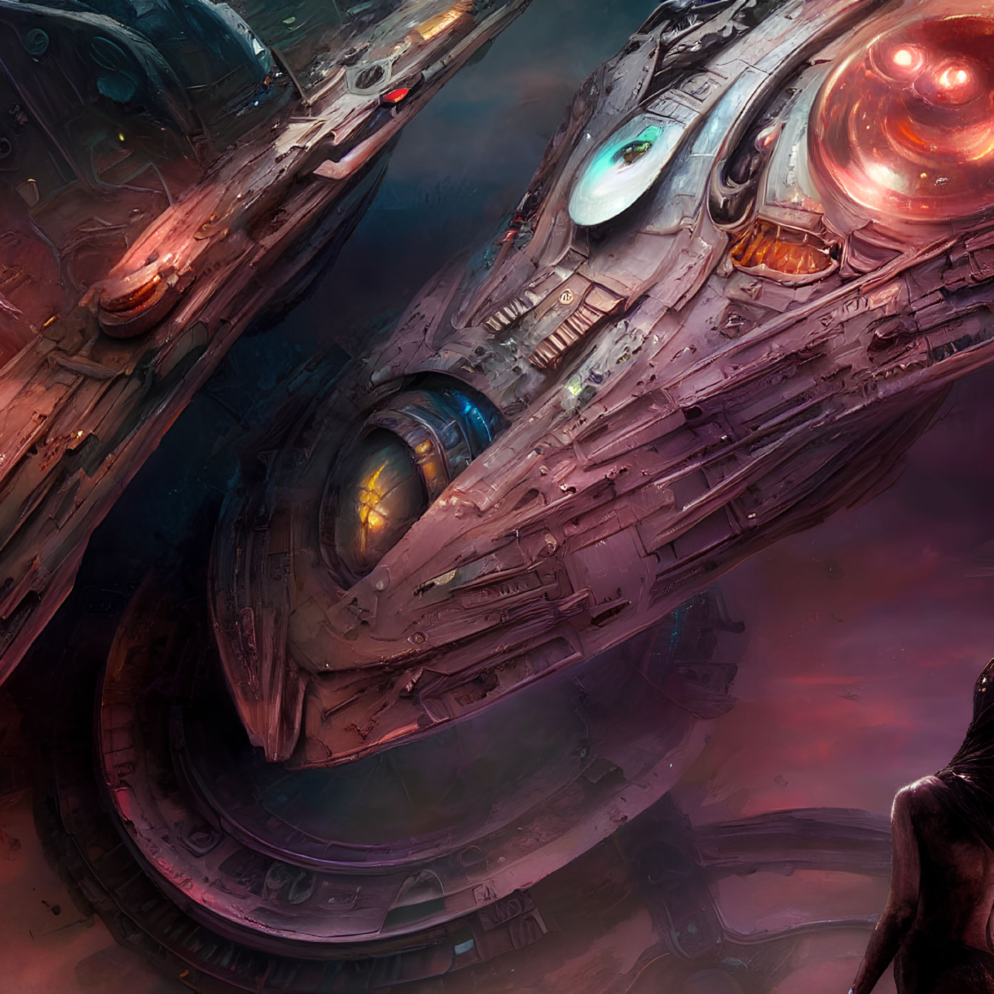 Intricate Spaceships Hover in Colorful Cosmic Scene