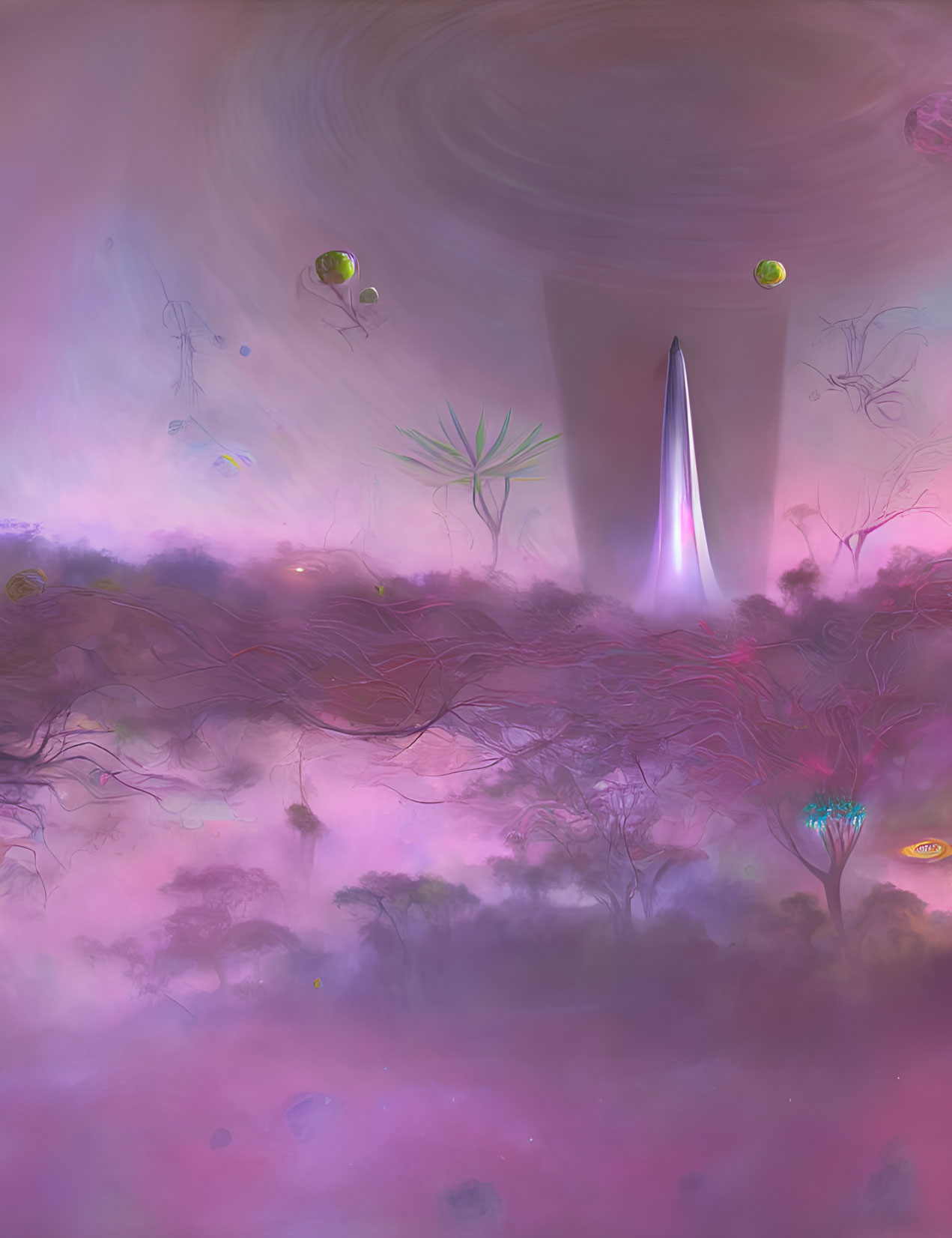 Surreal landscape with pink and purple hues and floating orbs
