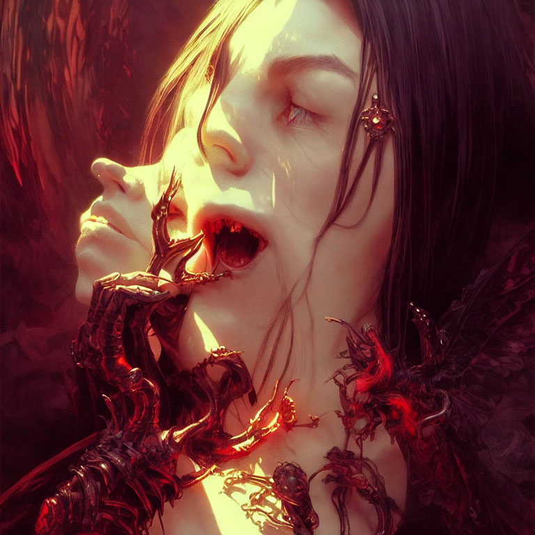 Ethereal pale-skinned woman with dark lips and intense gaze surrounded by crimson-armored creatures