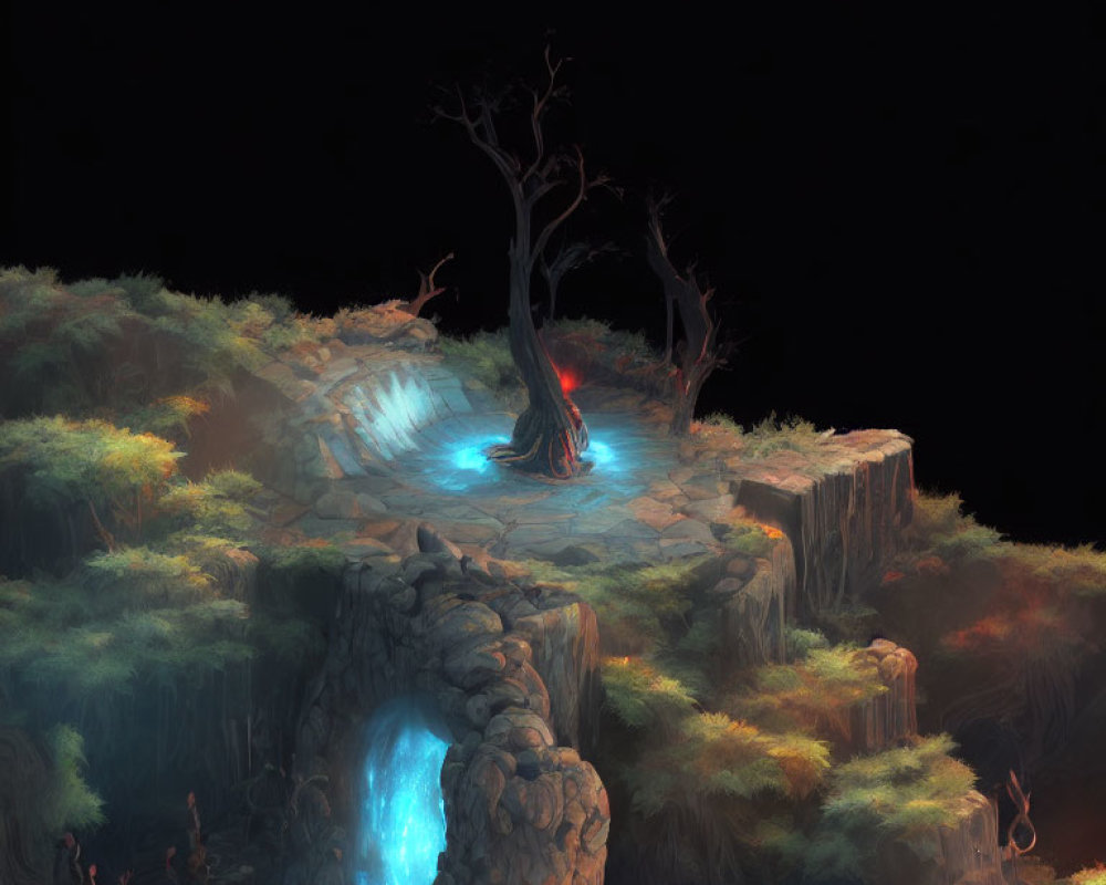 Mystical forest scene with bare tree, glowing runes, and blue portal
