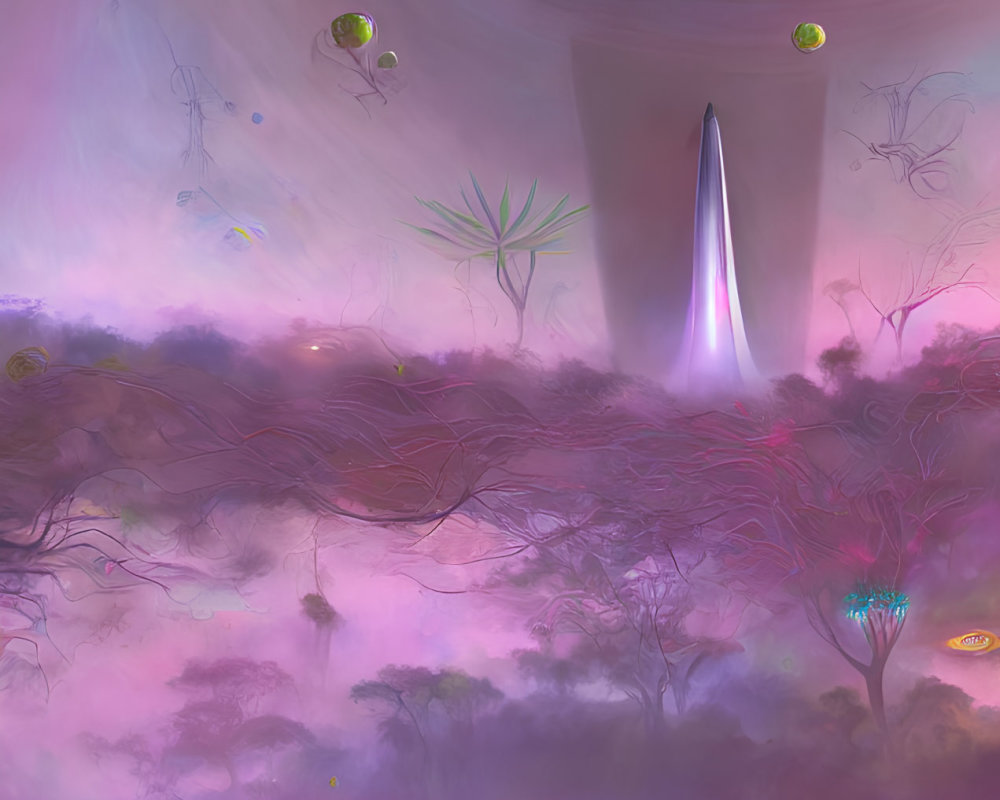 Surreal landscape with pink and purple hues and floating orbs