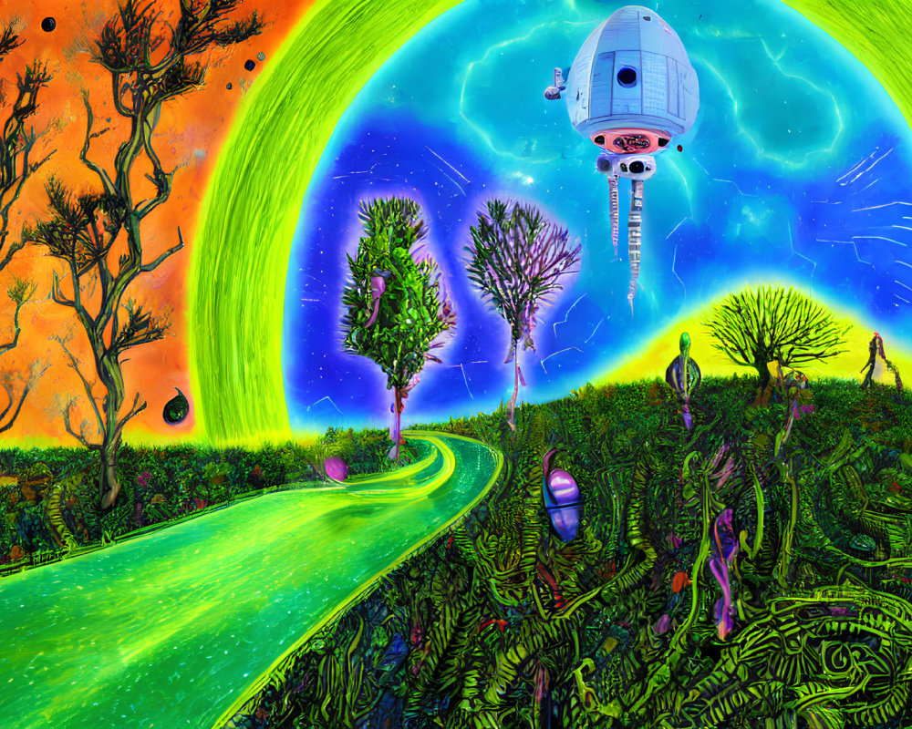 Colorful Psychedelic Landscape with Green Aurora Sky and Surreal Elements