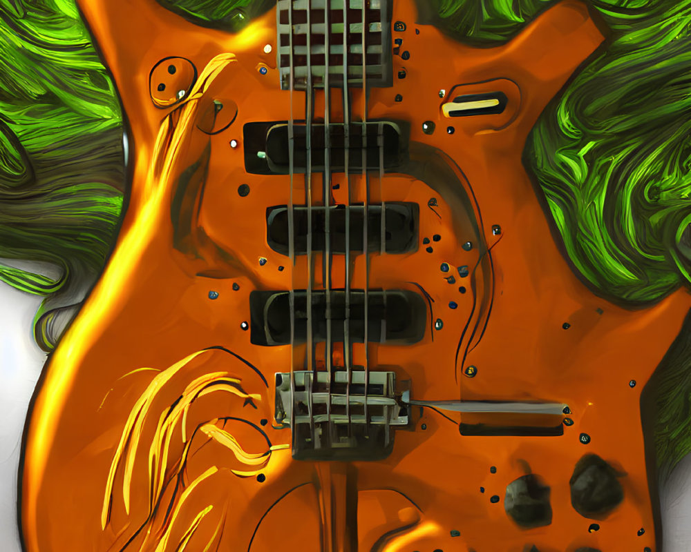 Vibrant orange electric guitar on green abstract backdrop