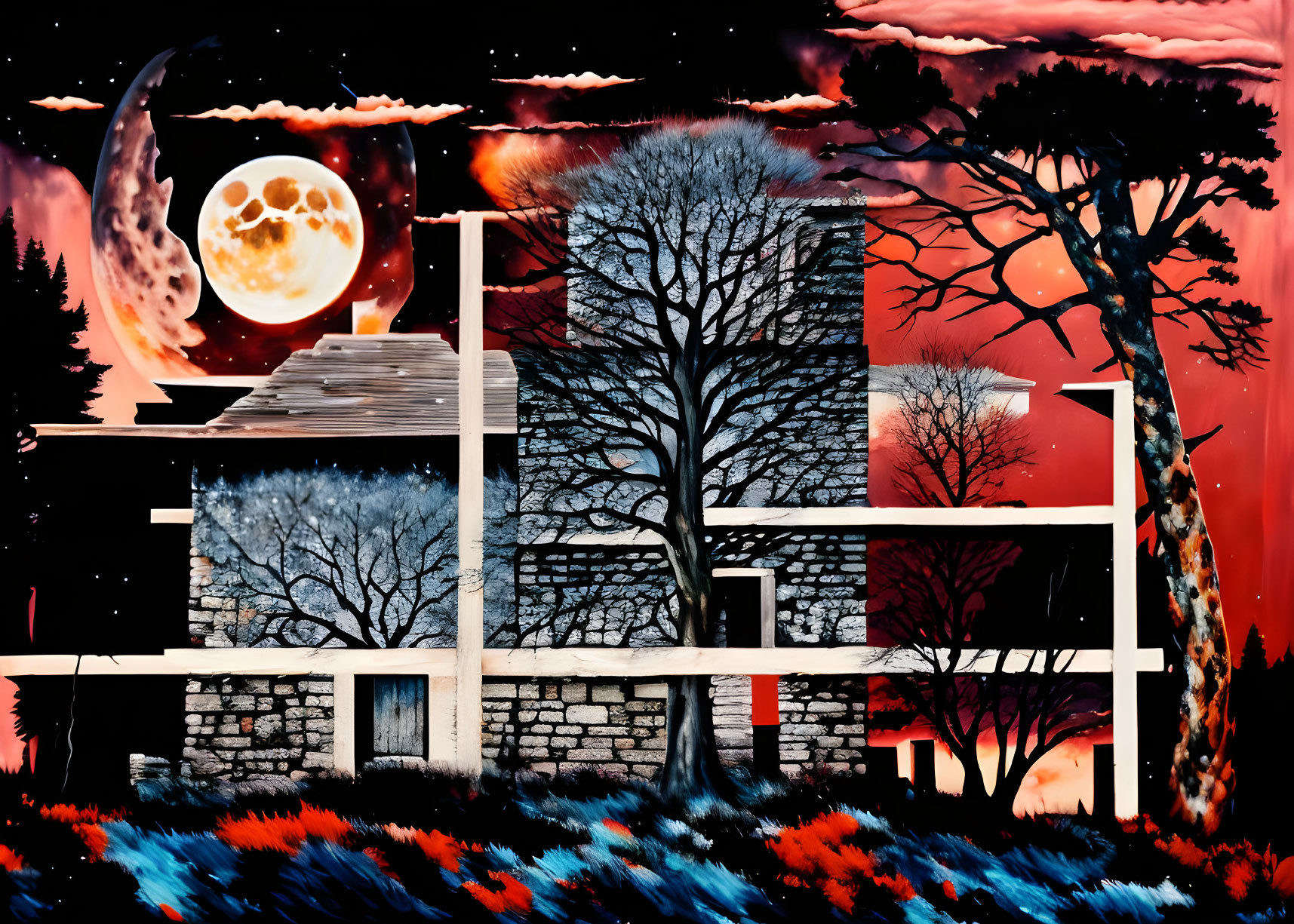 Vivid surreal landscape painting with oranges, blacks, moon, trees, and architectural elements