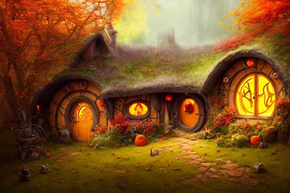 Cozy autumn hobbit house with round doors and fall foliage