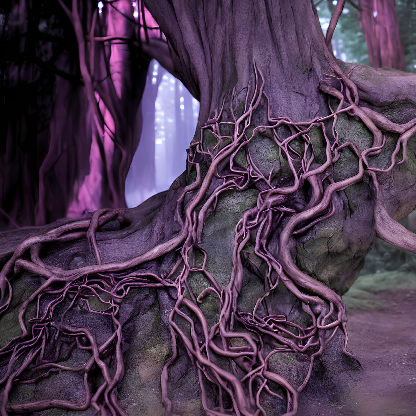 Detailed close-up of gnarly tree trunk and twisted roots in mystical forest with purple haze and eth