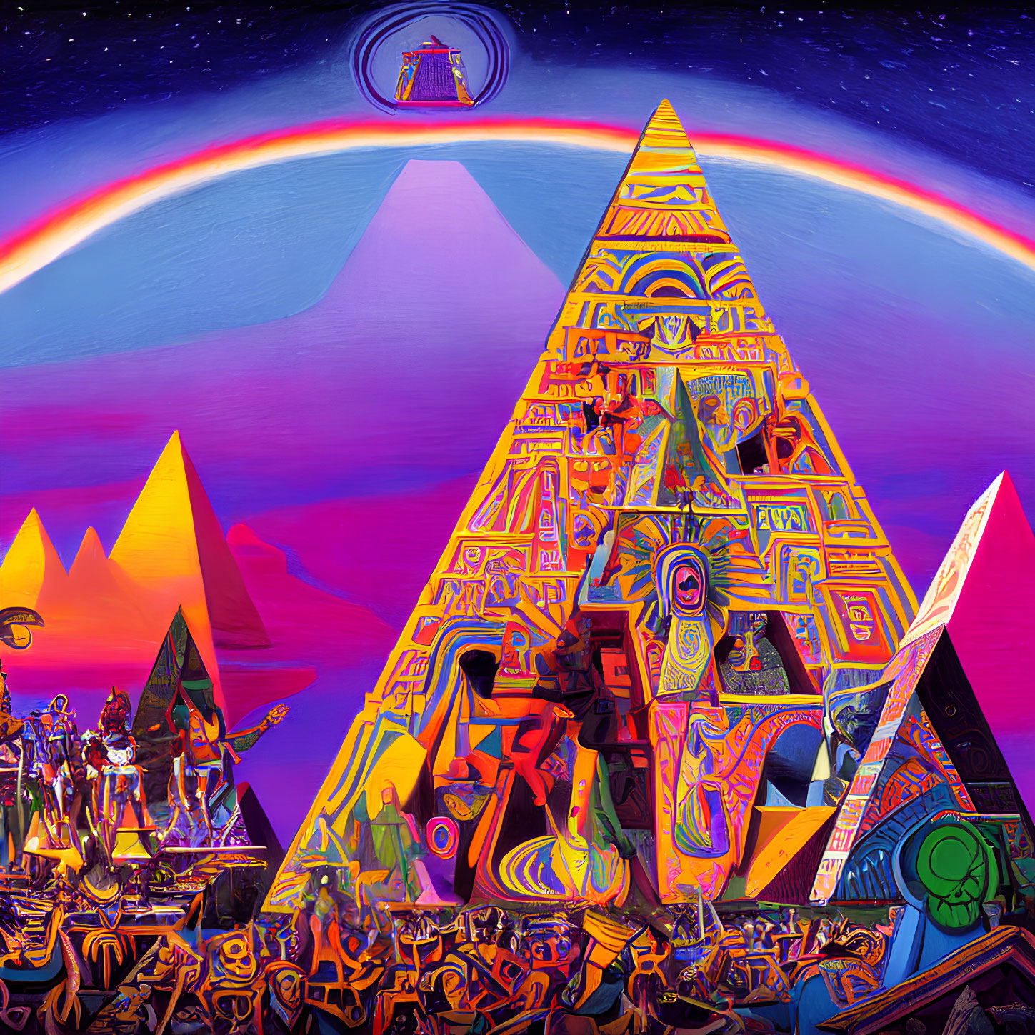 Colorful Psychedelic Artwork: Large Pyramid with Cosmic Background