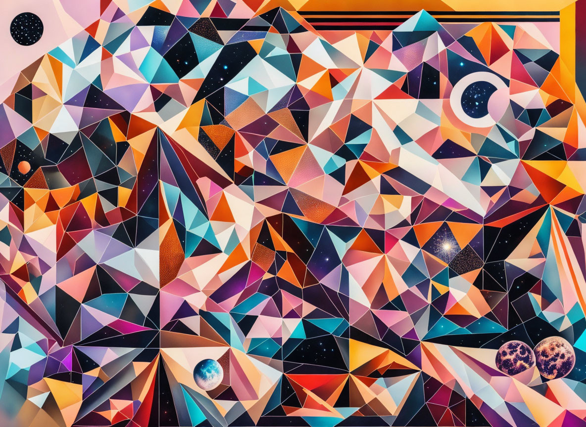 Colorful Geometric Mural of Abstract Cosmic Scene with Triangular Shapes