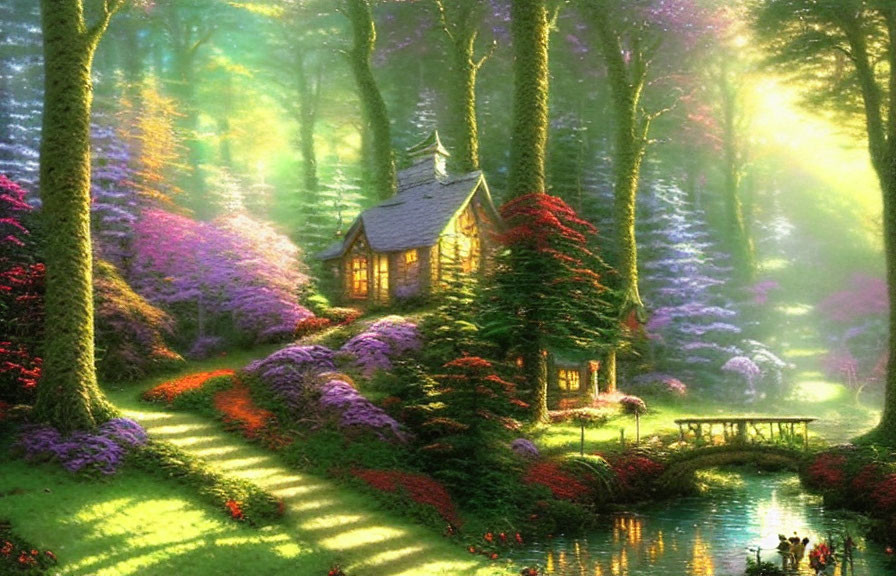 Sunlit forest cottage surrounded by purple flowers and footbridge.