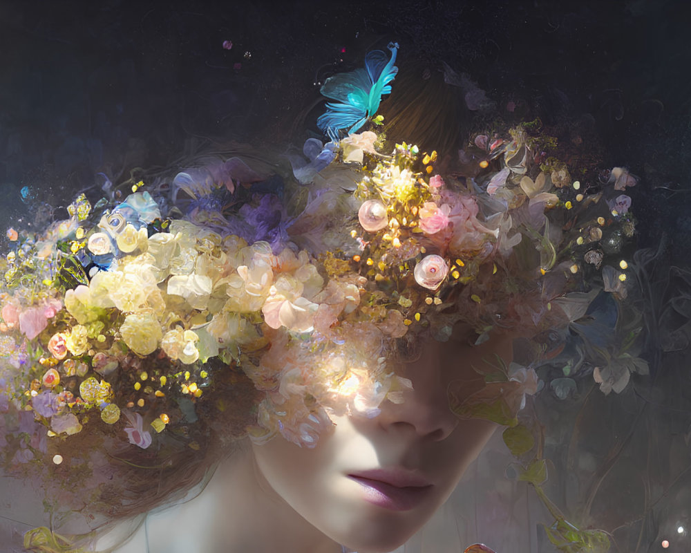 Surreal portrait of person with floral crown and blue butterfly in misty background