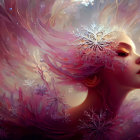 Serene woman with closed eyes in vibrant magenta swirls
