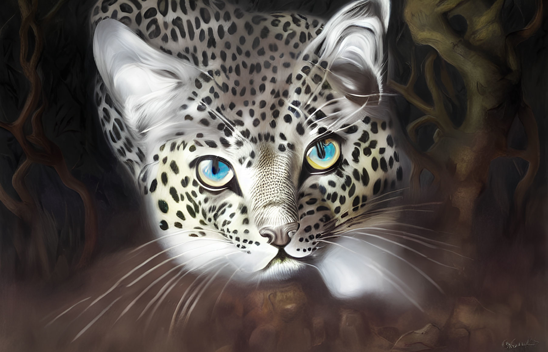 Detailed leopard illustration with intense blue eyes in shadowy forest