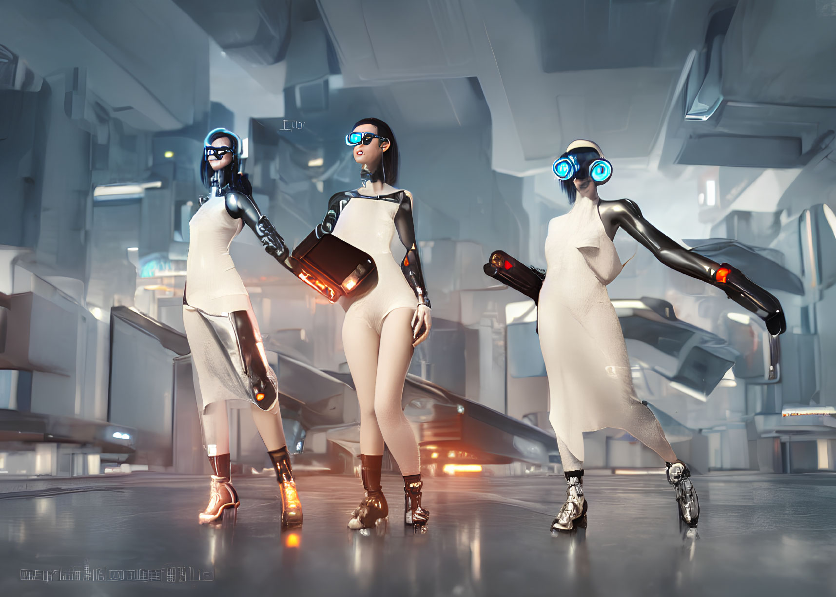 Futuristic women with cybernetic limbs in modern facility
