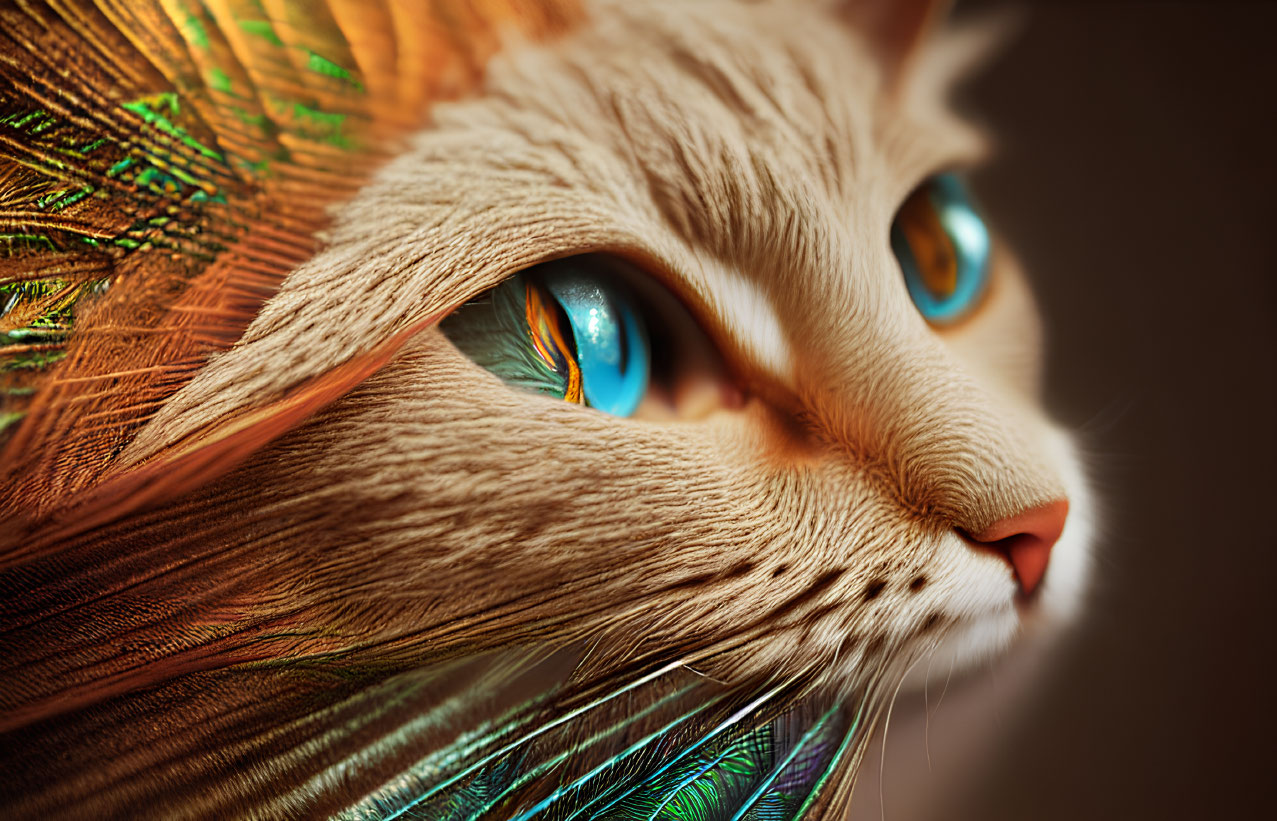 Striking Blue-Eyed Cat with Peacock Feathers Background