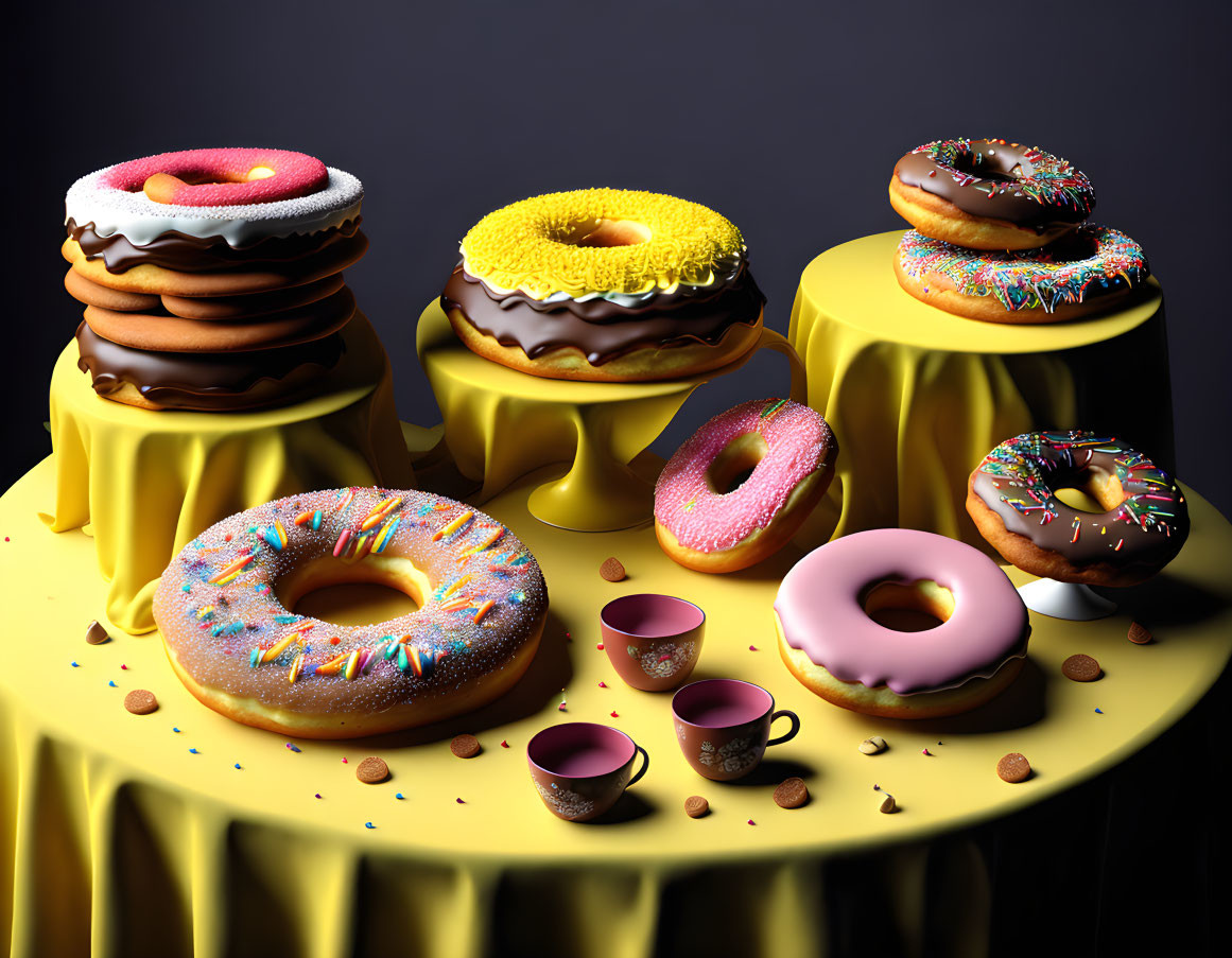 yellow doughnut with little cups, withoute coffe 