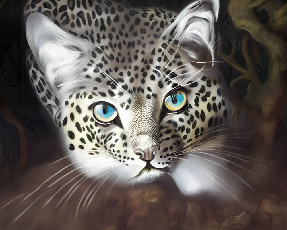 Detailed leopard illustration with intense blue eyes in shadowy forest