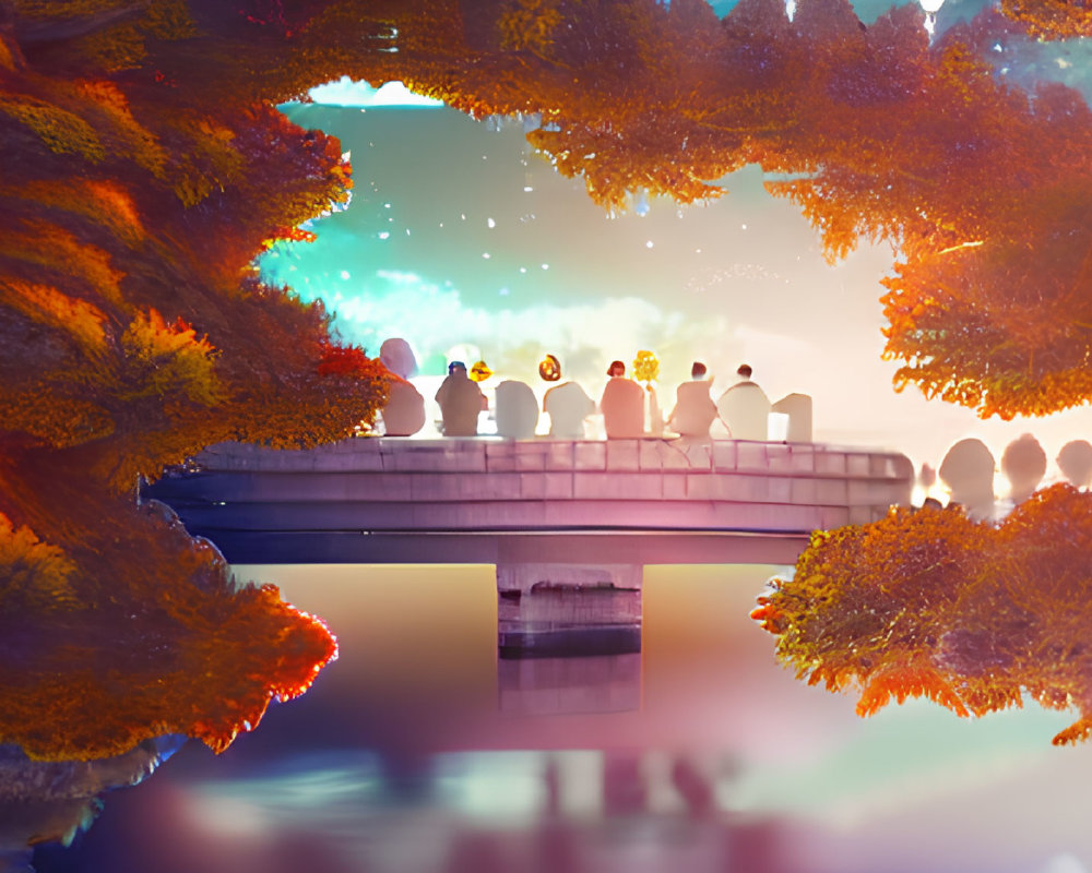 Group of Individuals on Bridge at Sunset Surrounded by Autumn Foliage
