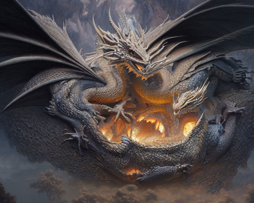 Detailed image of two dragons entwined, one with wings guarding glowing eggs