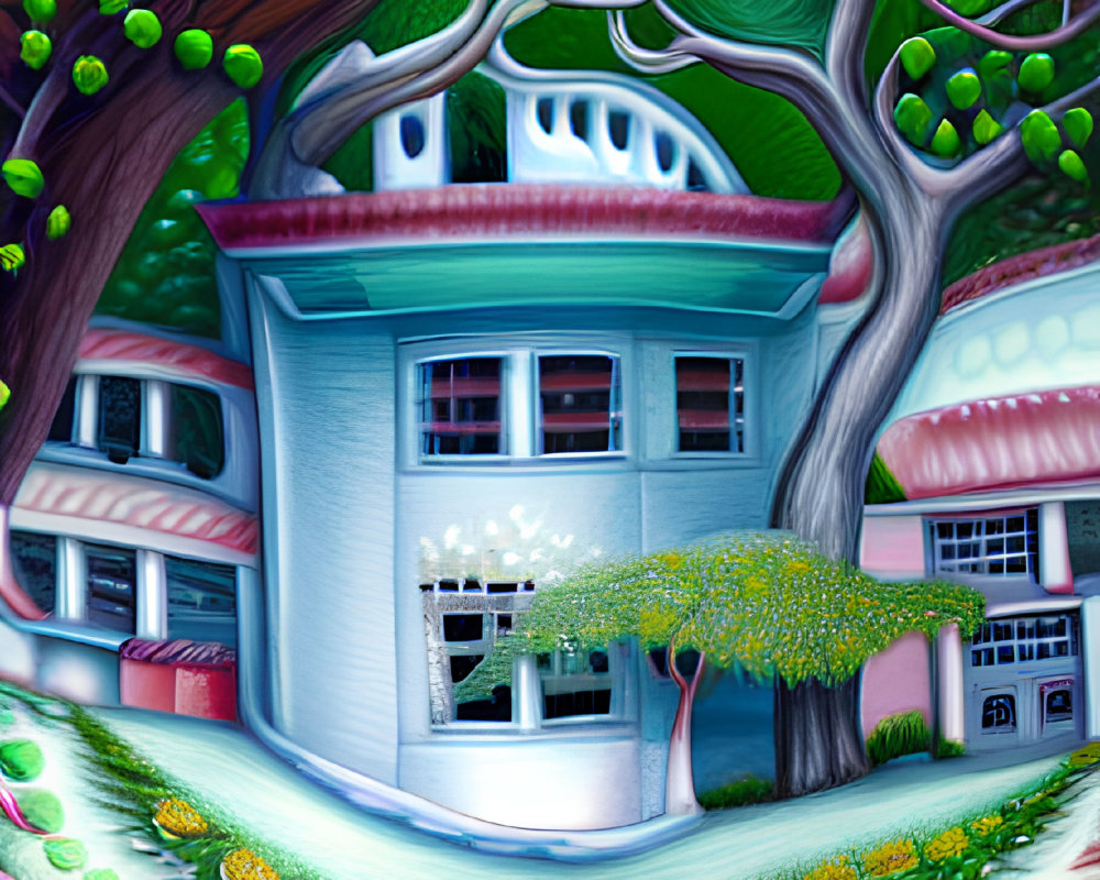 Surreal blue house with pink highlights in whimsical illustration