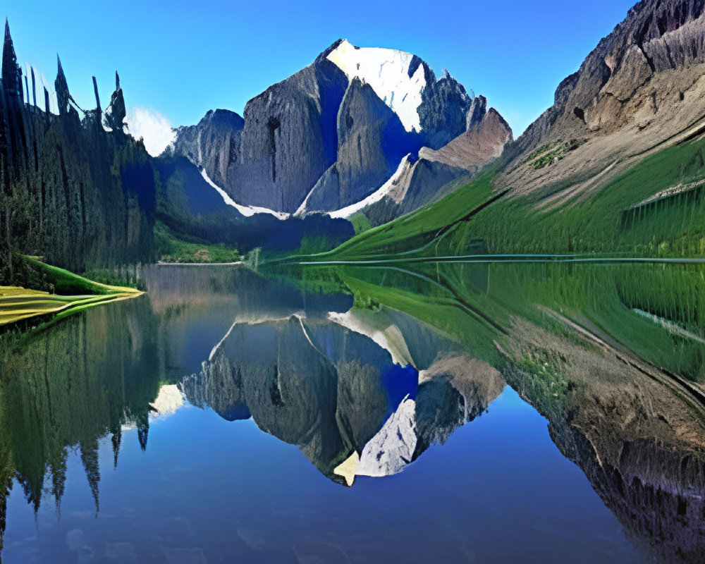 Tranquil mountain lake reflecting steep cliffs and green hills