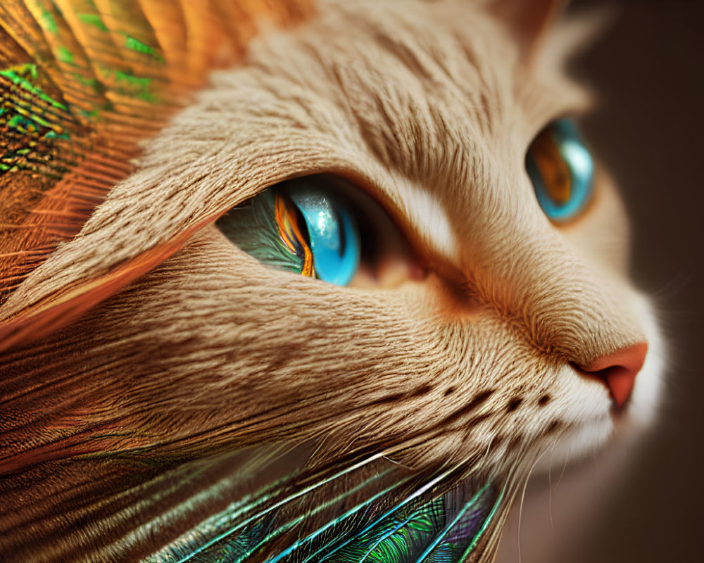 Striking Blue-Eyed Cat with Peacock Feathers Background