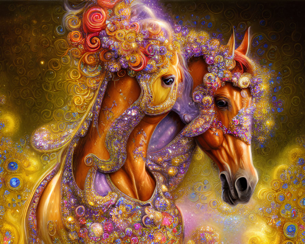Colorful Ornate Horses on Golden Swirl Background