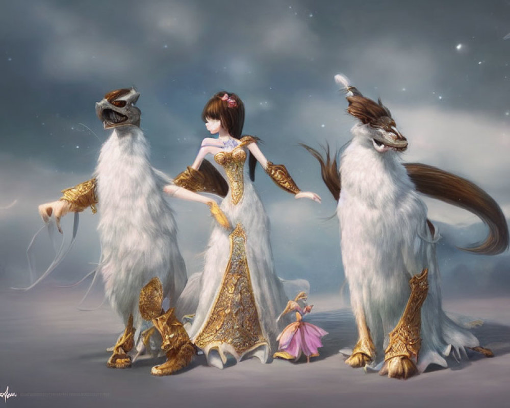 Fantasy Artwork: Woman in Elegant Gown with Mythical White Creatures