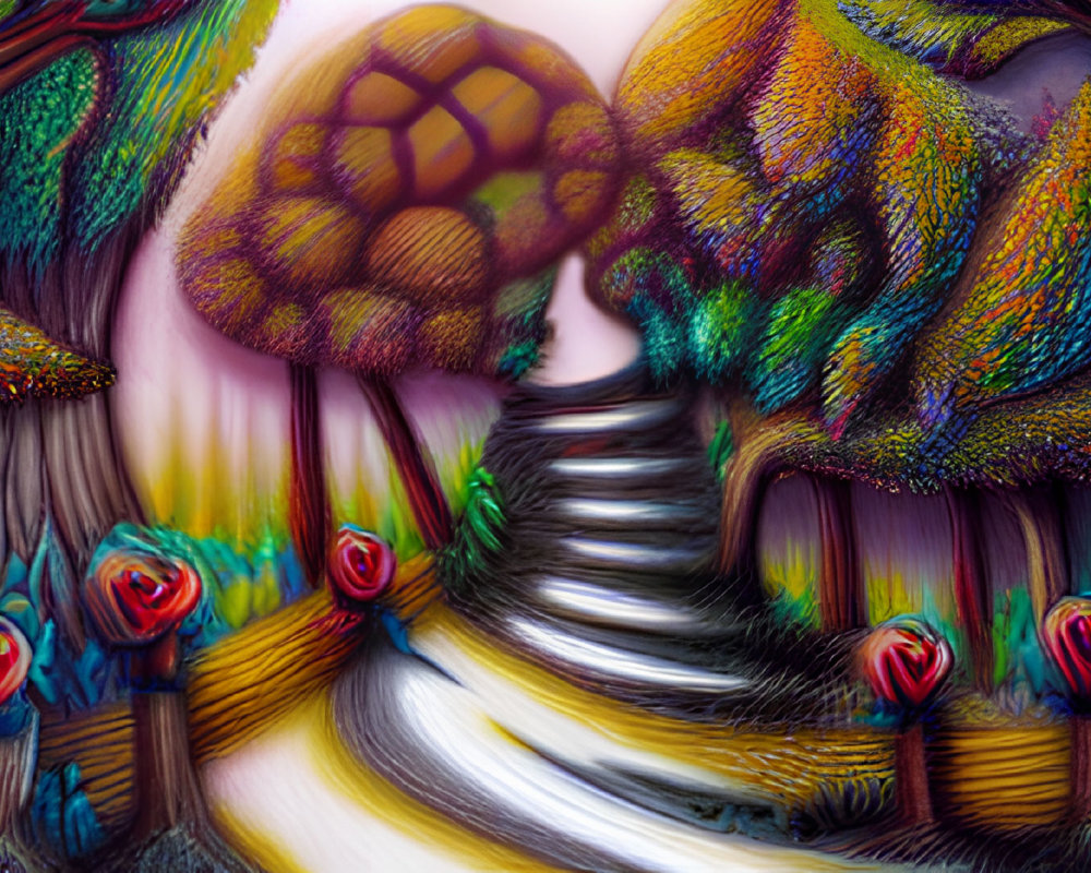 Colorful surreal landscape with twisty trees, winding path, and red roses